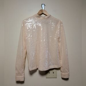 Vegetable Sequin Sheer Tie-Neck Blouse Size S